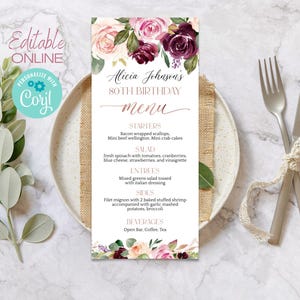 Bewerkbaar verjaardagsfeestmenu Bewerkbaar sjabloon, Brunch Lunch Diner Tafeldecoratie Kaart, Bloemenverjaardagsfeestje Elke Leeftijd, Direct Downloaden