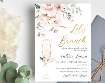 Let's Brunch Invitation, Digital brunch invitation, Pink blush Floral brunch, birthday Brunch invitation Printable Digital Template a18