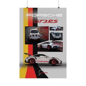 May include: A white Porsche GT3RS race car with red accents and black stripes. The car is shown in multiple angles on a poster with a German flag background and the text "Nürburgring".