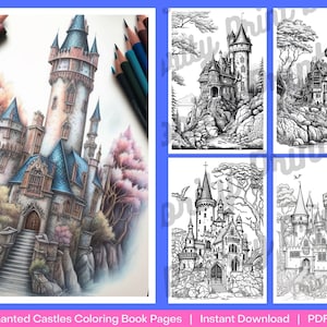 10 Enchanted Castles Printable Coloring Book Pages | Downloadable Digital Colouring Pages Kids Adults | Print at Home Coloring Grayscale PDF