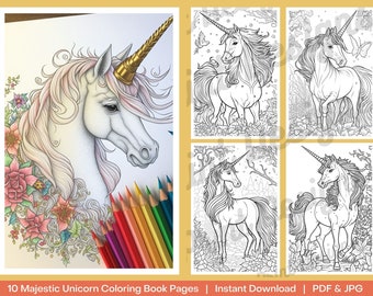 10 Majestuoso libro para colorear de unicornios / Páginas para colorear de unicornios para adultos, niños / Descarga instantánea / Coloración en escala de grises / Páginas de libros para colorear