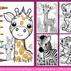 10 Baby Safari Animal Coloring Pages, Digital Download Coloring Book for Kids, PDF JPG, Printable Colouring Book, Cute Giraffe Monkey Zebra