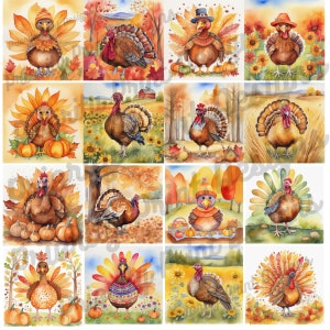 20 Cute Turkeys Vintage Watercolor Clipart Set, Thanksgiving Turkey Day PNG Bundle for Card Making Paper Crafts Sublimation Scrapbook Autumn