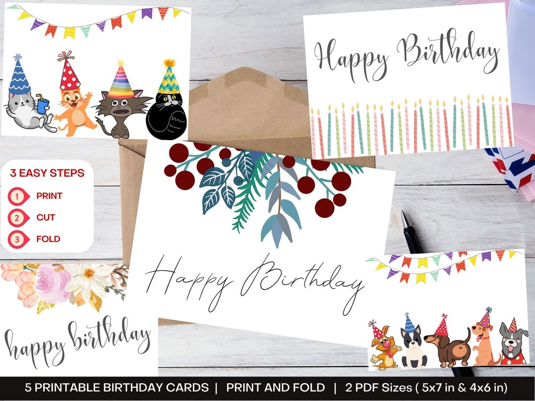 5 Happy Birthday Printable Download Digital Card Bundle DIY Birthday