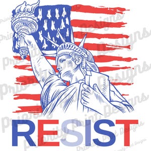 Op de afbeelding: Een blauwe illustratie van het Vrijheidsbeeld dat een toorts vasthoudt, staand voor een rood-wit-blauwe Amerikaanse vlag met het woord "RESIST" in blauwe en rode letters.