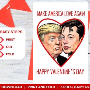 Carte de Saint-Valentin Donald Trump et Elon Musk numérique imprimable cadeau MAGA politique républicain pdf PNG JPG baisers amour Meme humour blague Tesla