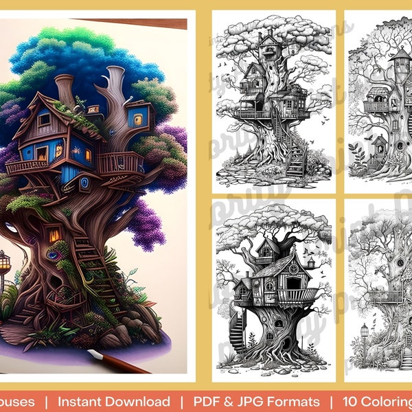 10 Mystery Treehouse Coloring Book | Tree House Colouring Pages | Adult, Kids, Grown Up Coloring Paper | Grayscale Coloring Book PDF JPG New