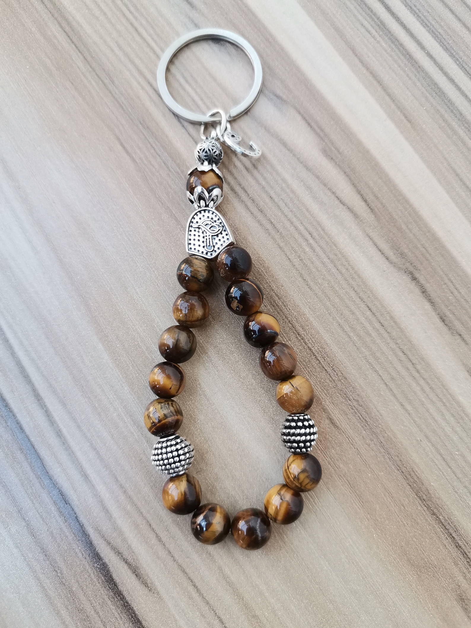 Tiger Eye Natural Stone Keychain, Sandalwood Beaded Key Fob, Ottoman ...