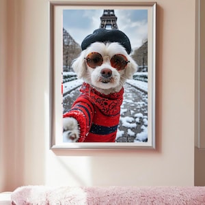 Maltese Puppy taking a selfie in Paris in Winter Digital Print