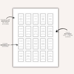 May include: A printable sheet of 25 spice jar labels with a minimalist design. The labels are black and white with the text "All Natural" and the name of the spice in a simple font. The labels are designed to be printed and cut out to fit standard spice jars.