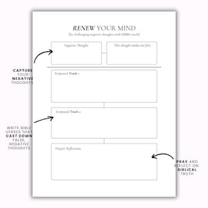 May include: A printable worksheet with a black and white design. The worksheet is titled "Renew Your Mind" and includes sections for capturing negative thoughts, writing scriptural truths, and reflecting on biblical truth.