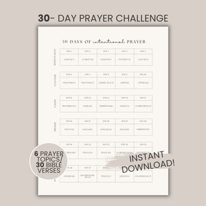 May include: A printable 30-day prayer challenge with a grid of 30 days and 6 prayer topics: Repentance, Cleanse, Faith, Praise, Provision, and Wisdom. Each day has a corresponding Bible verse.