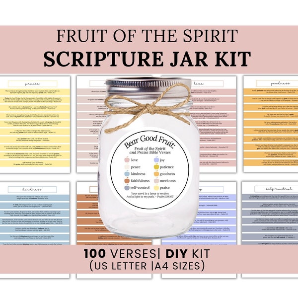Scripture Jar Printable with Fruit of the Spirit, Praise Scriptures | Prayer Jar Kit Printable for DIY| Printable Download| Christian Gift