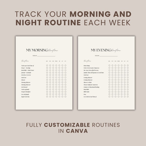 Editable Morning and Night Routine Checklist Bundle| Daily Routine Tracker Printable| Minimalist Morning and Evening Consistency Template