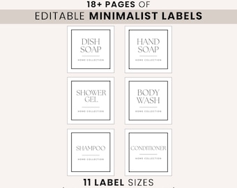 May include: A digital download of 18 printable pages of minimalist labels for home products. The labels include text for dish soap, hand soap, shower gel, body wash, shampoo, and conditioner. The labels are designed to be printed on 8.5x11 inch paper.