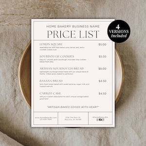 Könnte beinhalten: Eine Preisliste für eine Hausbäckerei mit beigem Hintergrund. Die Liste enthält Artikel wie Lemon Square, Sourdough Cookies und Banana Bread. Der Text "Artisan Baked Goods With Heart" ist ebenfalls sichtbar. Das Design ist sauber.