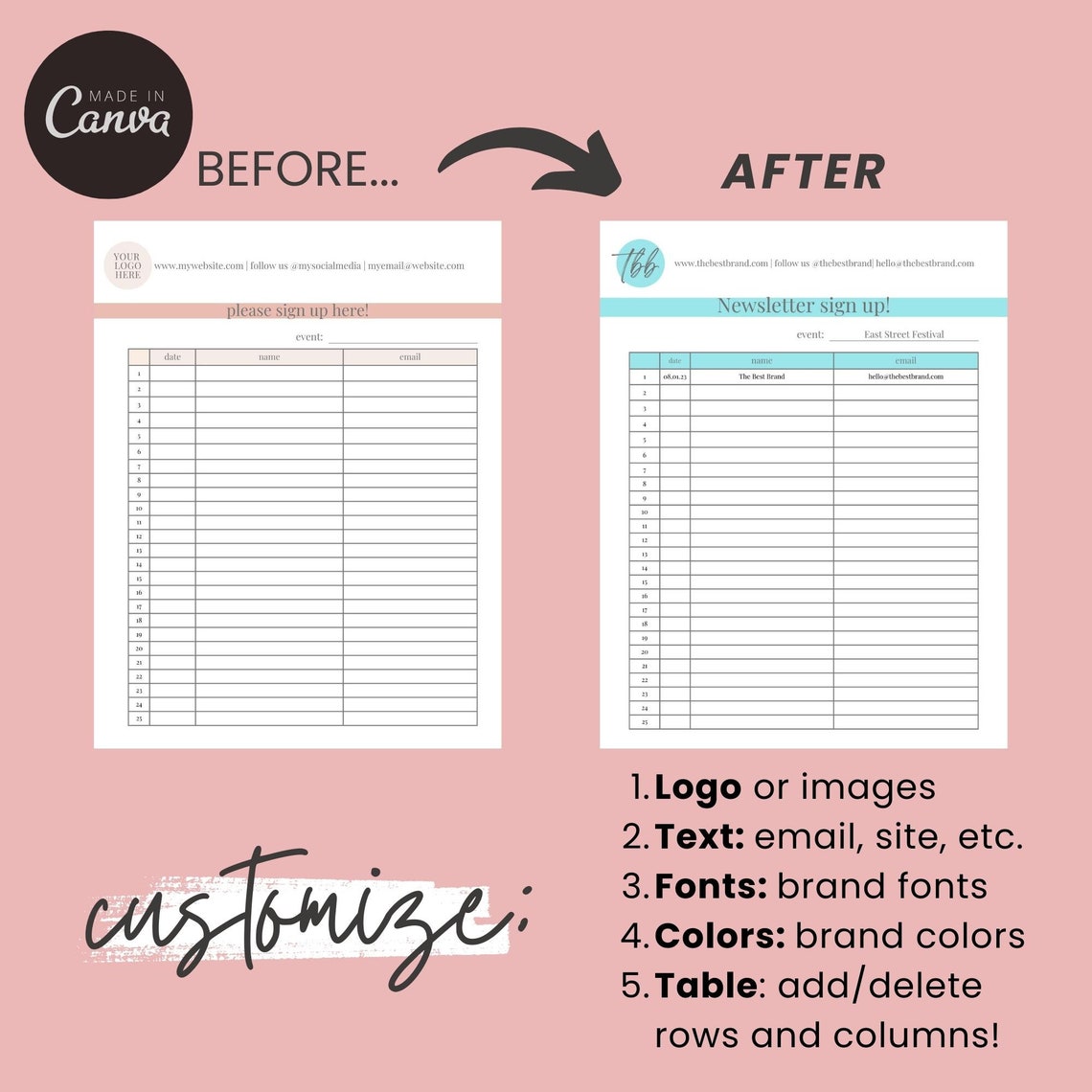 Editable Signup Sheet Sign up Sheets Email Signup Sheet Template