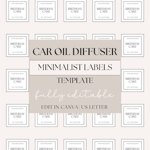Könnte beinhalten: Druckbare Vorlage für Auto-Öldiffuser-Etiketten. Die Vorlage hat ein minimalistisches Design mit schwarzem Text auf weißem Hintergrund. Der Text lautet "Your Business Birthday Cake Oil Diffuser". Die Vorlage ist vollständig editierbar und kann in Canva bearbeitet werden. Die Vorlage hat das Format US Letter.