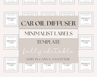 May include: Printable template for car oil diffuser labels. The template features a minimalist design with black text on a white background. The text reads "Your Business Birthday Cake Oil Diffuser". The template is fully editable and can be edited in Canva. The template is US Letter size.