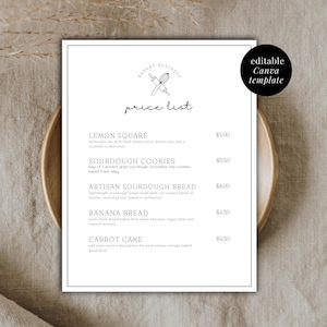 Könnte beinhalten: Eine minimalistische Bäckerei-Preislisten-Vorlage. Die Speisekarte umfasst Lemon Square, Sourdough Cookies, Artisan Sourdough Brot, Bananenbrot und Karottenkuchen. Der Text "editable Canva template" befindet sich oben rechts.
