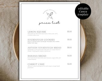 May include: A bakery price list template with a minimalist design. The menu includes Lemon Square, Sourdough Cookies, Artisan Sourdough Bread, Banana Bread, and Carrot Cake. The text "editable Canva template" is in the upper right corner.