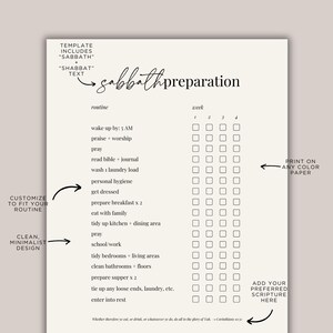 May include: A minimalist printable planner titled "Sabbath Preparation." The planner features a routine checklist with checkboxes for each week. Text includes "Customise to fit your routine" and "Clean, minimalist design."