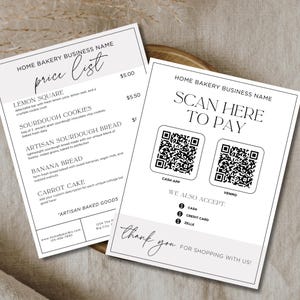 QR Code Sign Price List Bundle| Small Business Bakery Bundle Template| Editable Scan Pay Sign Minimal Pricing Menu| Aesthetic Canva Template
