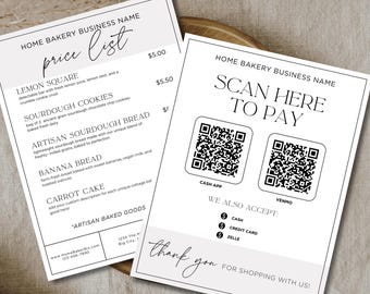 QR Code Sign Price List Bundle| Small Business Bakery Bundle Template| Editable Scan Pay Sign Minimal Pricing Menu| Aesthetic Canva Template