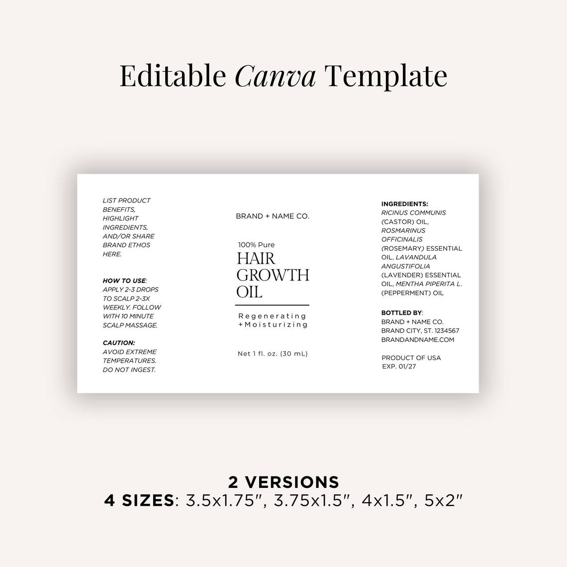 Oil Bottle Label Template| Minimalist Hair Growth Oil Label ...