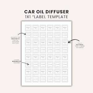 May include: A printable sheet of 1x1 inch labels for car oil diffusers. The labels are designed with a clean, minimalist aesthetic and feature text that says "Birthday Cake" and "Lavender".