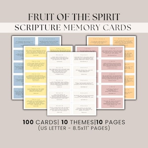 May include: A collection of scripture memory cards with the text "FRUIT OF THE SPIRIT" and "SCRIPTURE MEMORY CARDS". The cards are organized by theme and include text from the Bible. The cards are printed on 8.5x11 inch pages.