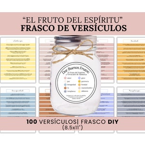 Frasco de Escrituras em ESPANHOL para Imprimir | El Fruto del Espiritu | Escrituras de Louvor | Kit de Frasco de Oração para Imprimir DIY | Download para Imprimir | Presente Cristão