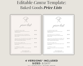 Minimalist Price List Template| Editable Cottage Food Price List| Home Baker Pricing Sheet| Canva Template| Bakery Menu| Simple Price Sheet