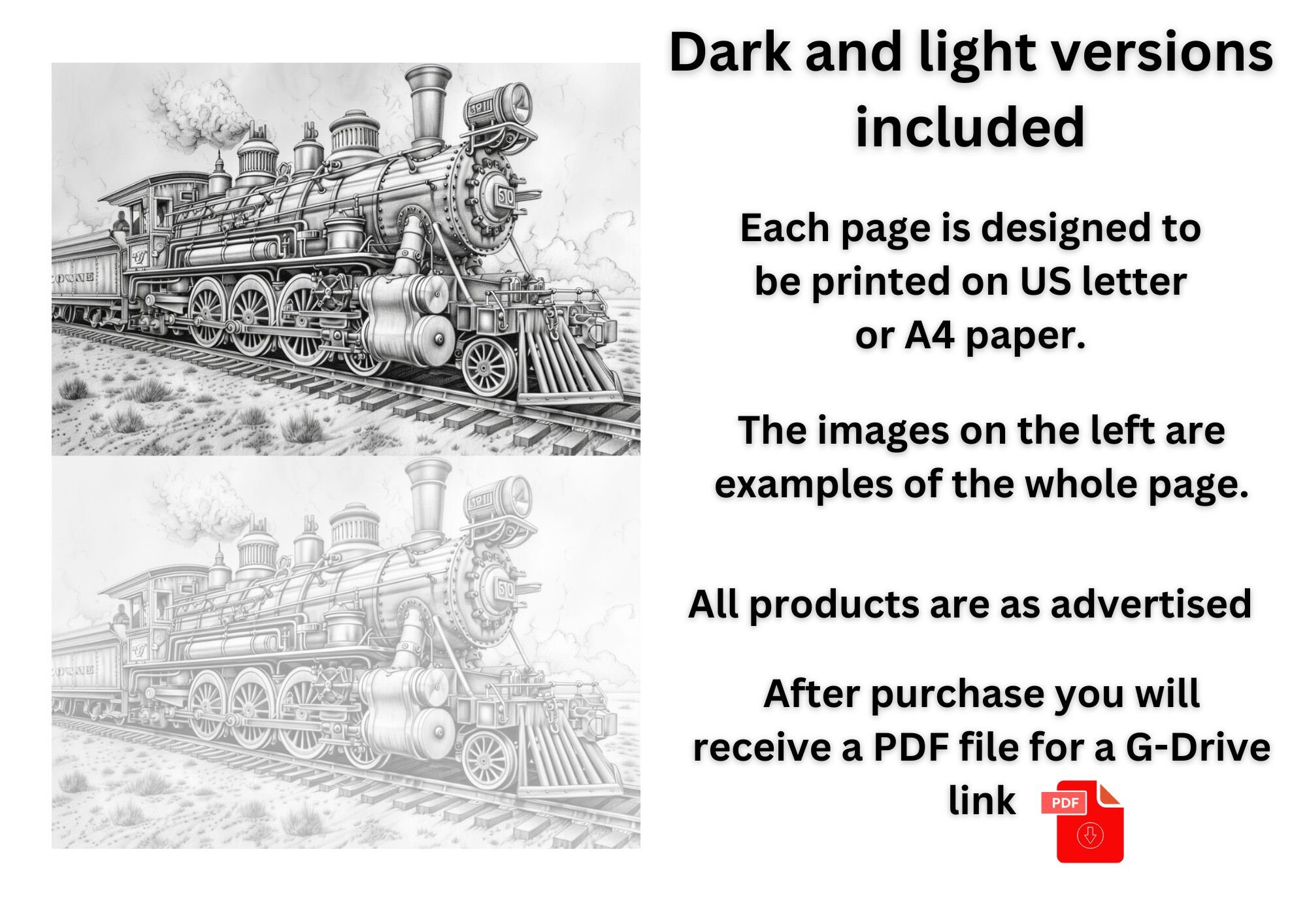 50 Steam Trains Coloring Pages Adults and Kids Coloring Book, Digital ...
