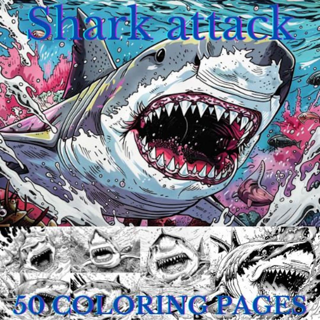 25 Sharks Attacks Coloring Pages Adults and Kids Coloring Book, Digital ...
