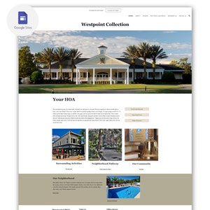 Könnte beinhalten: Eine Website-Startseite für Westpoint Collection, eine Gemeinschafts-HOA. Die Website zeigt ein großes Bild eines gelben Gebäudes mit weißen Säulen und einem roten Dach. Unter dem Bild steht der Text "Your HOA" sowie Informationen über die Gemeinde, darunter umliegende Aktivitäten, Nachbarschaftswege und Gemeindeveranstaltungen.