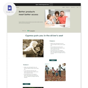 Op de afbeelding: Een website-ontwerp voor een medisch thema, met het Google Sites-logo. De pagina bevat de tekst "Betere producten ontmoeten betere toegang" en "Cypress zet u in de bestuurdersstoel". Er zijn ook afbeeldingen van een gezin en een moeder met een kind aanwezig.
