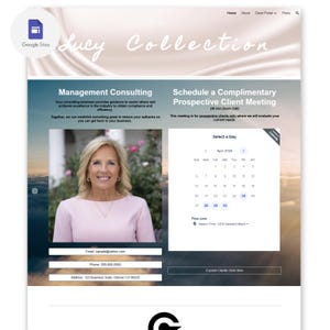 May include: A website for Lucy Collection, a management consulting business. The website features a photo of a woman, contact information, and a calendar to schedule a complimentary prospective client meeting.