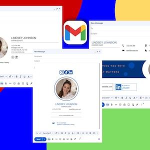 Könnte beinhalten: E-Mail-Signaturvorlagen mit Lindsey Johnson, Consultant. Die Designs umfassen ein Profilfoto, Kontaktinformationen und Social-Media-Symbole. Das Gmail-Logo ist ebenfalls sichtbar.