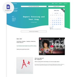 May include: A website for expert tutoring and test prep services. The website features a calendar, a video about video editing, and a graphic of an A+ grade. The text on the website reads "Expert Tutoring and Test Prep" and "Get Started Today".