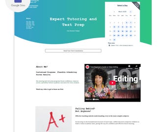 Tutoring Website Design (Blue, Green, White) | Calendly & YouTube About Me | Google Site Designs