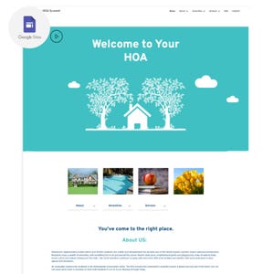 Puede incluir: Una página de inicio de un sitio web para una Asociación de Propietarios (HOA) con un esquema de color azul y verde. El sitio web presenta un mensaje de bienvenida, un gráfico de una casa con árboles y una sección con información sobre la HOA.