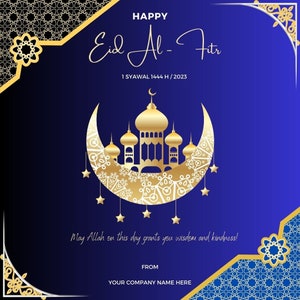 Peut inclure: Une carte de vœux Eid Al-Fitr bleue et dorée avec un croissant de lune et une mosquée. Le texte indique "Joyeux Eid Al-Fitr 1 Syawal 1444 H/2023 Que Allah vous accorde sagesse et bonté en ce jour ! De la part de Votre Nom d'Entreprise."