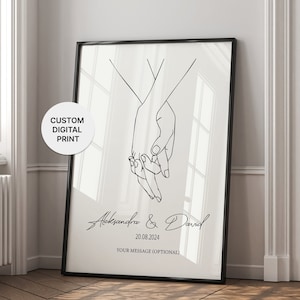 Couple gifts, custom names print Personalized Valentine's day gift Holding hands line art. Couple hands art Wedding Anniversary, digital