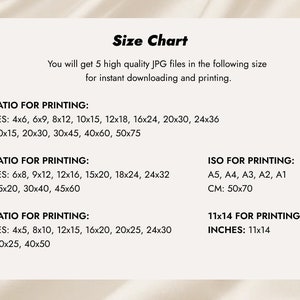 May include: Size chart for digital downloads of printable images. The chart lists different aspect ratios and corresponding sizes in inches and centimeters.  The ratios include 2:3, 3:4, 4:5, and ISO sizes.
