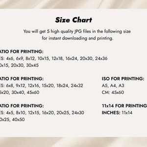 May include: Size chart for printable images. The chart lists different aspect ratios and corresponding sizes in inches and centimeters. The ratios include 2:3, 3:4, 4:5, and ISO sizes A5, A4, and A3. The chart also includes a 11x14 size.