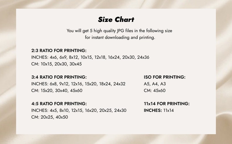 May include: Size chart for printable images. The chart lists different aspect ratios and corresponding sizes in inches and centimeters. The ratios include 2:3, 3:4, 4:5, and ISO sizes A5, A4, and A3. The chart also includes a 11x14 size.