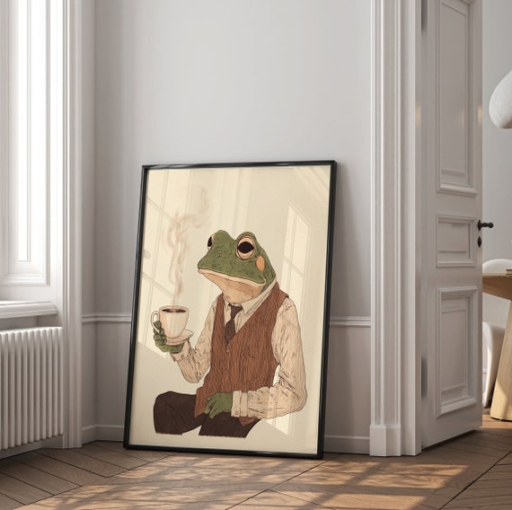 Retro Frog Coffee Printable – Funky 70s Wall Art – Cozy Cottagecore Decor – Digital Download