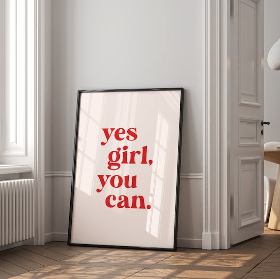 affirmation wall art | yes girl you can | aesthetic pink home decor | trendy retro print | manifestation poster | kikiandnim | printable art