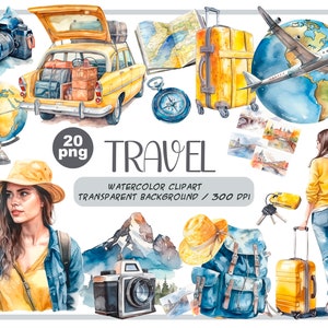 Watercolor travel lover clipart Summer Holiday Illustration-Vacation clipart-Tourism clipart-Planner clipart-Adventure clipart-cruise PNG image 1